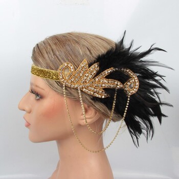 Feather Headband Γυναικεία Vintage της δεκαετίας του 1920 Flapper Headband Στολή για πάρτι Rhinestone Feather Hairband Αξεσουάρ μαλλιών