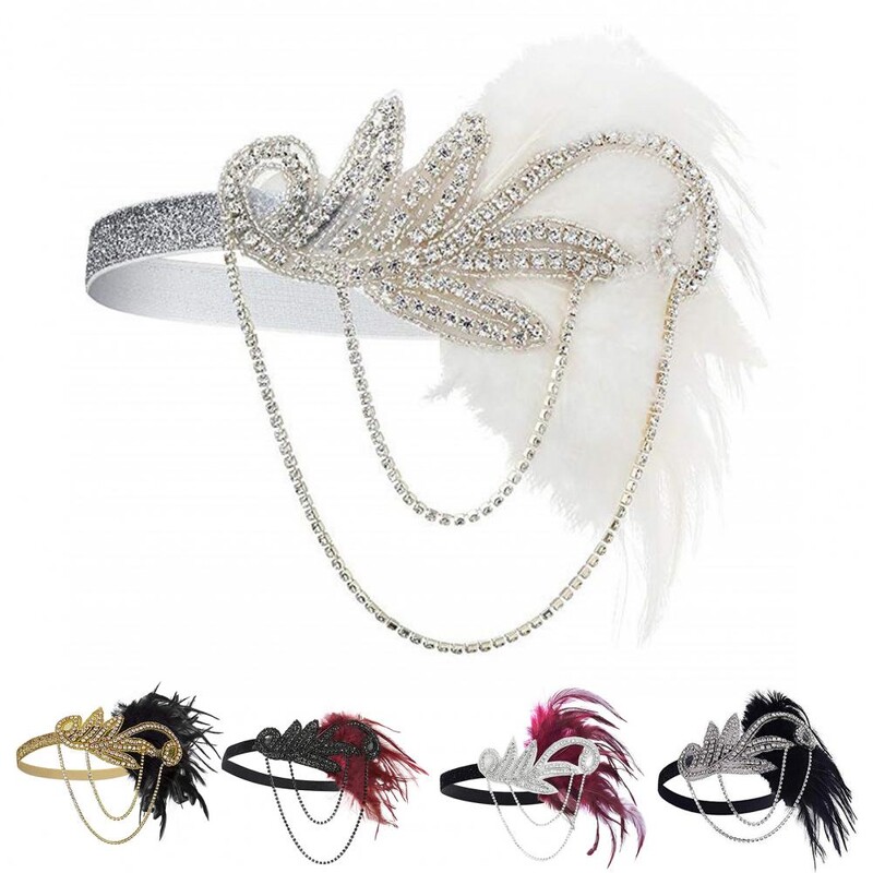 Bentiță cu pene pentru femei, epocă, anii 1920, bentiță pentru cap de nuntă, pentru petrecere, cu strasuri, cu pene, accesoriu de păr