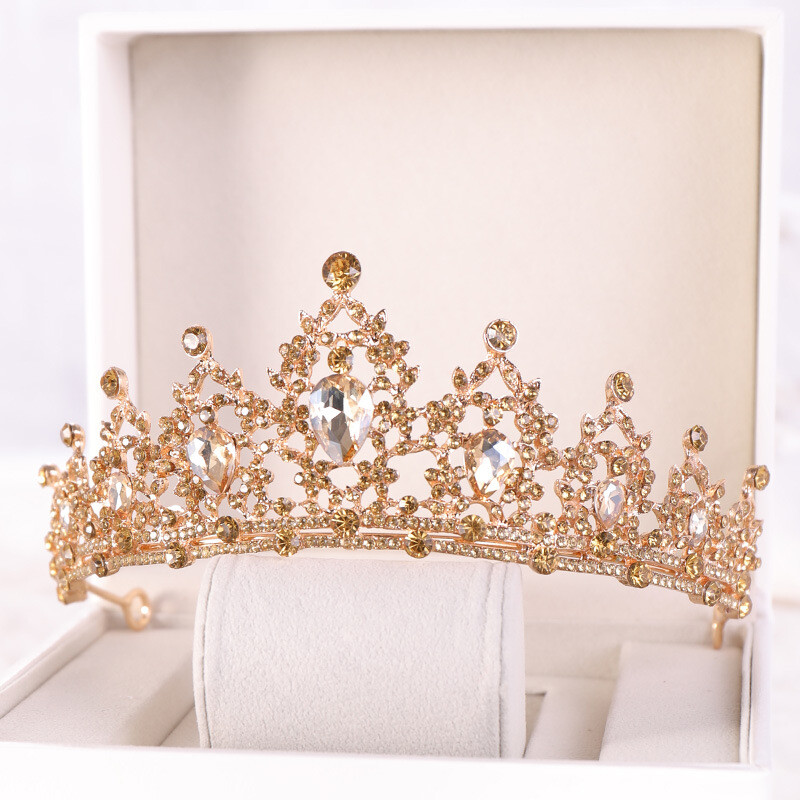 Baroc de culoare auriu, şampanie, cristal, inimă, tiara de mireasă, coroană, strasuri, voal, diademă, diademă, bijuterii pentru păr de nuntă