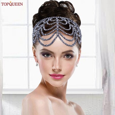 TOPQUEEN Кристални пискюли Ленти за коса Лента за глава Булчинска украса за глава Сватбени дамски аксесоари за коса SA01-S