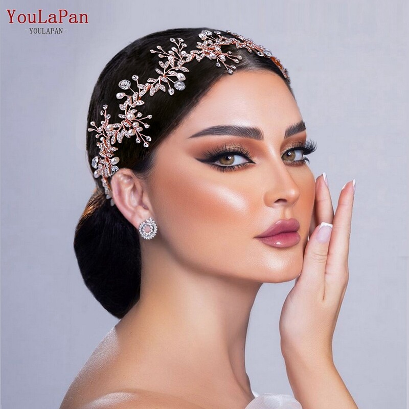 YouLaPan 3 farby Svadobná čelenka s kamienkami, nevesta, vlasové doplnky, zliatinové listy, dámske vlasy, vinič, čelenka, svadobné vlasové šperky