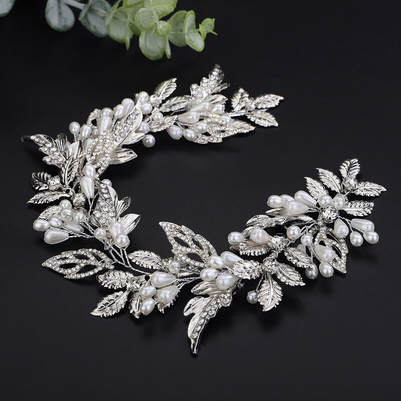 Divatos levelek női fejpánt esküvői hajhoz Kiegészítők Strasszkő gyöngy menyasszonyi fejdísz Kézzel készített ezüst parti báli tiarák