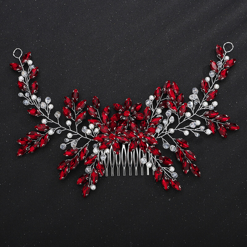 Κόκκινο στρας Νυφική χτένα Κεφαλή μαργαριτάρι Κρύσταλλο Αξεσουάρ κεφαλιού γάμου Μόδα κοσμήματα Χειροποίητα κεφαλή για πάρτι για νύφη