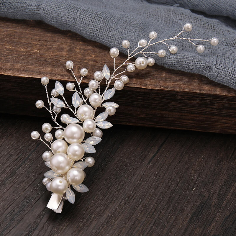 2 vnt Sidabrinės spalvos perlai Tiara Plaukų segtukai Rankų darbo pieno krištolo plaukų juostos Vestuvinės nuotakos galvos apdangalas Moteriški plaukų aksesuarai