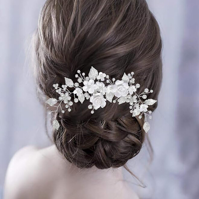 Virágos menyasszony esküvői haj Rattan Pearl Hair Leaf Hajkiegészítők Strasszkő fejpánt nőknek és lányoknak (9 hüvelyk) (ezüst)