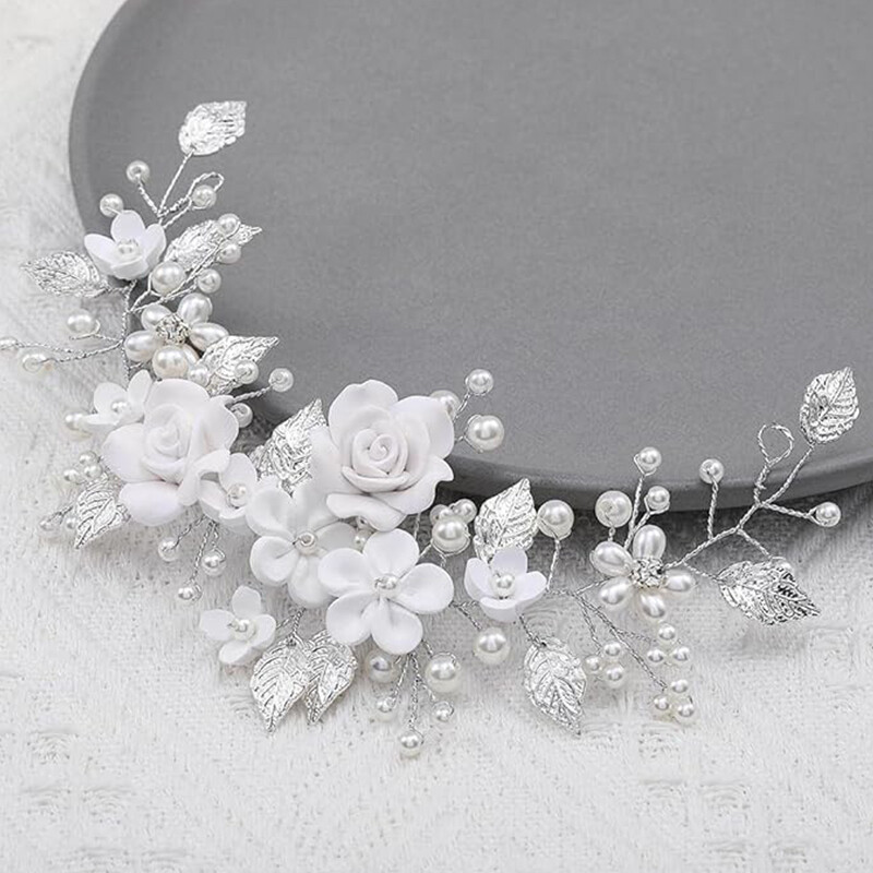 Virágos menyasszony esküvői haj Rattan Pearl Hair Leaf Hajkiegészítők Strasszkő fejpánt nőknek és lányoknak (9 hüvelyk) (ezüst)