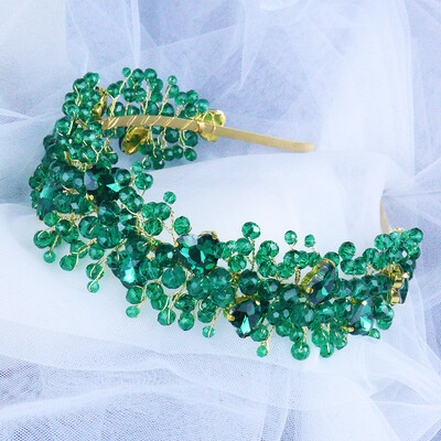 Zöld, kék strasszos menyasszonyi fejpánt, kézzel készített tiarák és koronák esküvői hajkiegészítők női fejdíszek barátnőknek