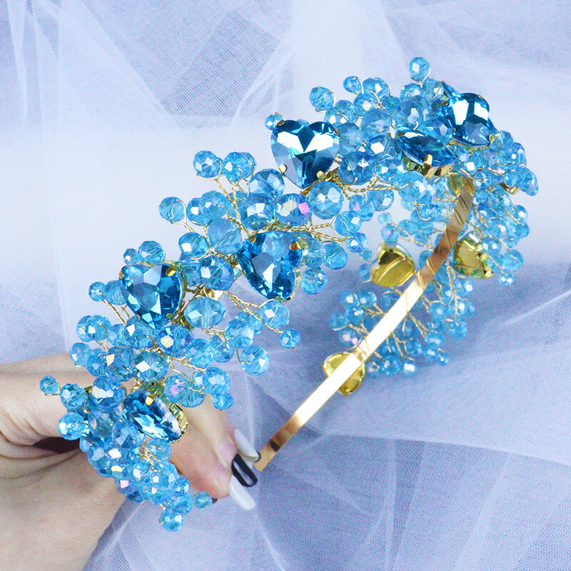 Zöld, kék strasszos menyasszonyi fejpánt, kézzel készített tiarák és koronák esküvői hajkiegészítők női fejdíszek barátnőknek