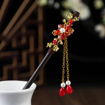1 db fából készült hajrúd kínai stílusú tekercselő virágos hajtű bojttal, elegáns hölgy hajcsattal Hajkiegészítők Vintage 2024