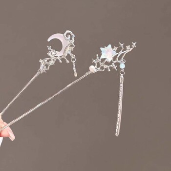 Vintage Moonstone Star Moon Hair Sticks για γυναίκες Κινέζικο στυλ σταυρός φούντα φουρκέτα Δίσκος chopsticks μαλλιών Αξεσουάρ μαλλιών