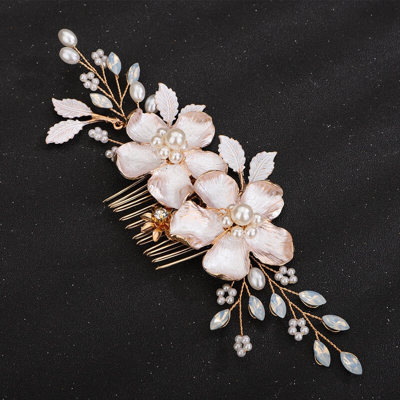 Vestuvių plaukų šukos Madinga gėlių krištolinio akmens galvos apdangalas moterims Rankų darbo perlų vestuvinės galvos priedai Papuošalai Auksinis galvos apdangalas