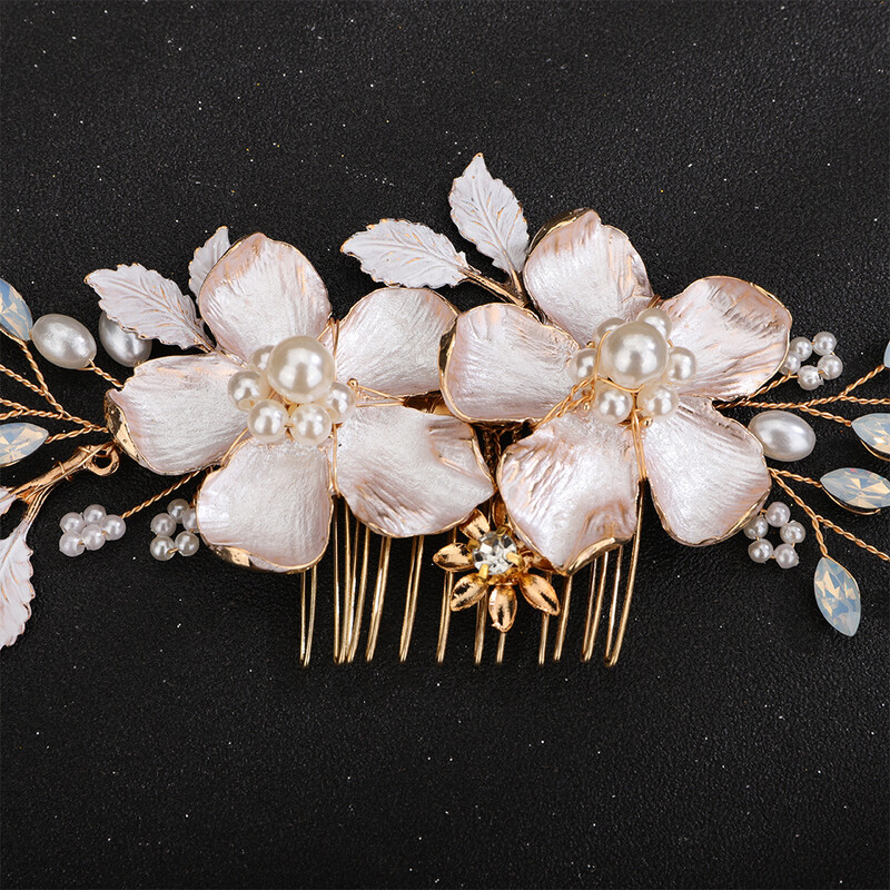 Vestuvių plaukų šukos Madinga gėlių krištolinio akmens galvos apdangalas moterims Rankų darbo perlų vestuvinės galvos priedai Papuošalai Auksinis galvos apdangalas