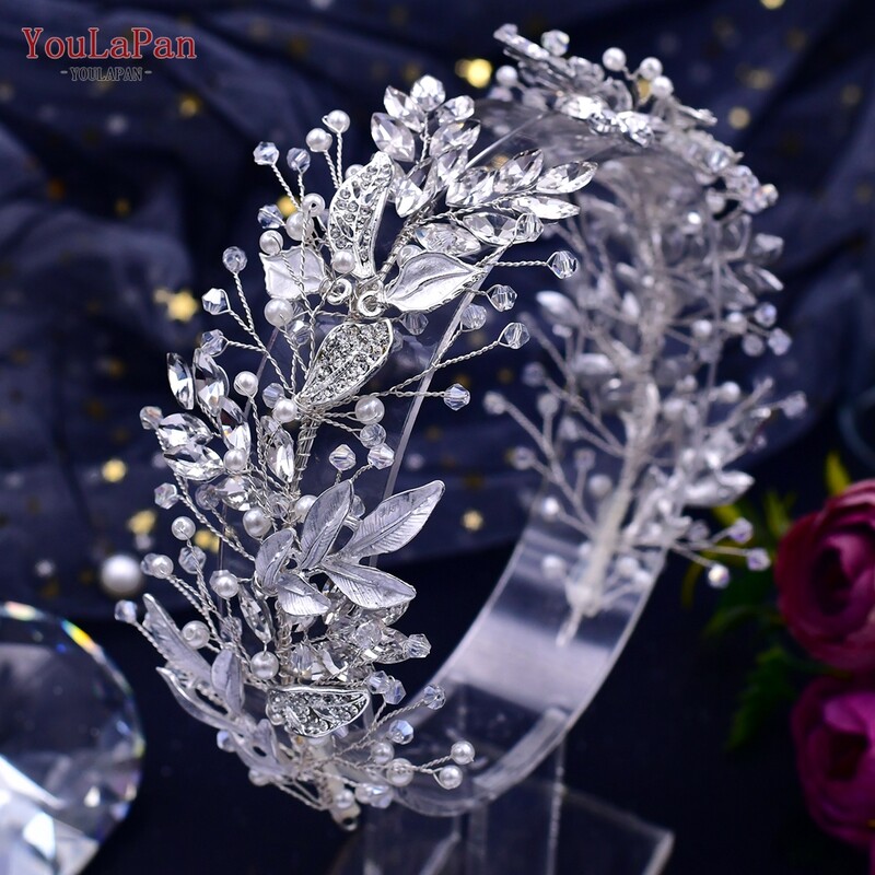 YouLaPan Crystal Bridal galvos apdangalas iš lydinio lapų galvos juosta nuotakoms Vestuvių plaukų aksesuarai Princesės Tiara Pageant galvos apdangalas HP272