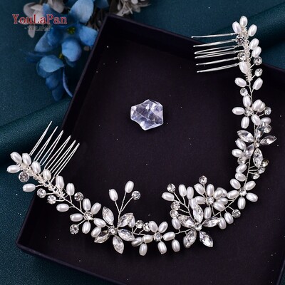 YouLaPani mood Pärlikivist kett topeltjuuksekamm Hõbedane pulmapeo juukseaksessuaarid Pruudi vine peakatted Hp128