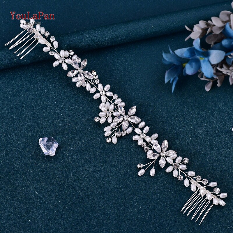 YouLaPani mood Pärlikivist kett topeltjuuksekamm Hõbedane pulmapeo juukseaksessuaarid Pruudi vine peakatted Hp128