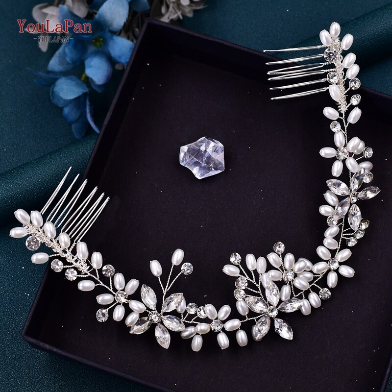 YouLaPani mood Pärlikivist kett topeltjuuksekamm Hõbedane pulmapeo juukseaksessuaarid Pruudi vine peakatted Hp128