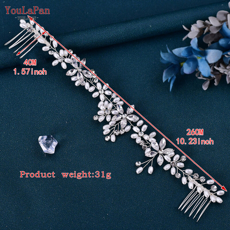 YouLaPani mood Pärlikivist kett topeltjuuksekamm Hõbedane pulmapeo juukseaksessuaarid Pruudi vine peakatted Hp128