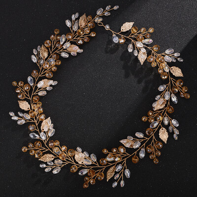 Cabluri de nunta de aur pentru mireasa Bandita de mireasa lucrata manual cu frunze de cristal Accesorii pentru par Vine de par pentru femei