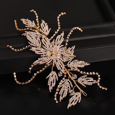 Bandă de păr cu strasuri din aur Mireasă Bandă din frunze de cristal Accesorii pentru nuntă Bijuterii de lux Ornamente pentru femeie Caciulă de petrecere