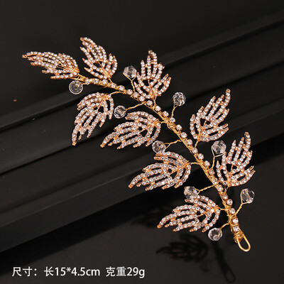 Bandă de păr cu strasuri din aur Mireasă Bandă din frunze de cristal Accesorii pentru nuntă Bijuterii de lux Ornamente pentru femeie Caciulă de petrecere