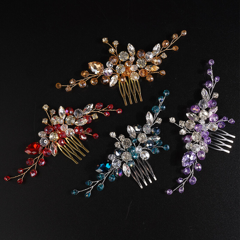 Sarkanā kristāla līgavu galvassegas sievietēm ar rokām darinātas kalnu kristāla matu ķemmes purpursarkanā šampanieša galvassega kāzu aksesuāriem zilas tiāras