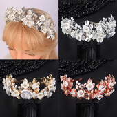 Flori și frunze de argint de lux Coroană de mireasă Bandă cu strasuri Accesorii pentru păr de nuntă Bijuterii de aur Perla pentru petrecere Tiara