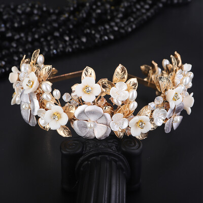 Flori și frunze de argint de lux Coroană de mireasă Bandă cu strasuri Accesorii pentru păr de nuntă Bijuterii de aur Perla pentru petrecere Tiara