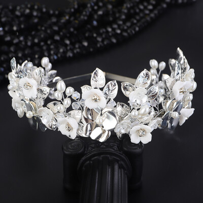 Flori și frunze de argint de lux Coroană de mireasă Bandă cu strasuri Accesorii pentru păr de nuntă Bijuterii de aur Perla pentru petrecere Tiara