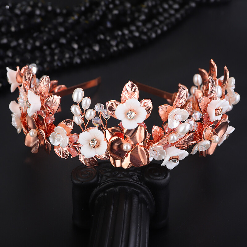 Flori și frunze de argint de lux Coroană de mireasă Bandă cu strasuri Accesorii pentru păr de nuntă Bijuterii de aur Perla pentru petrecere Tiara