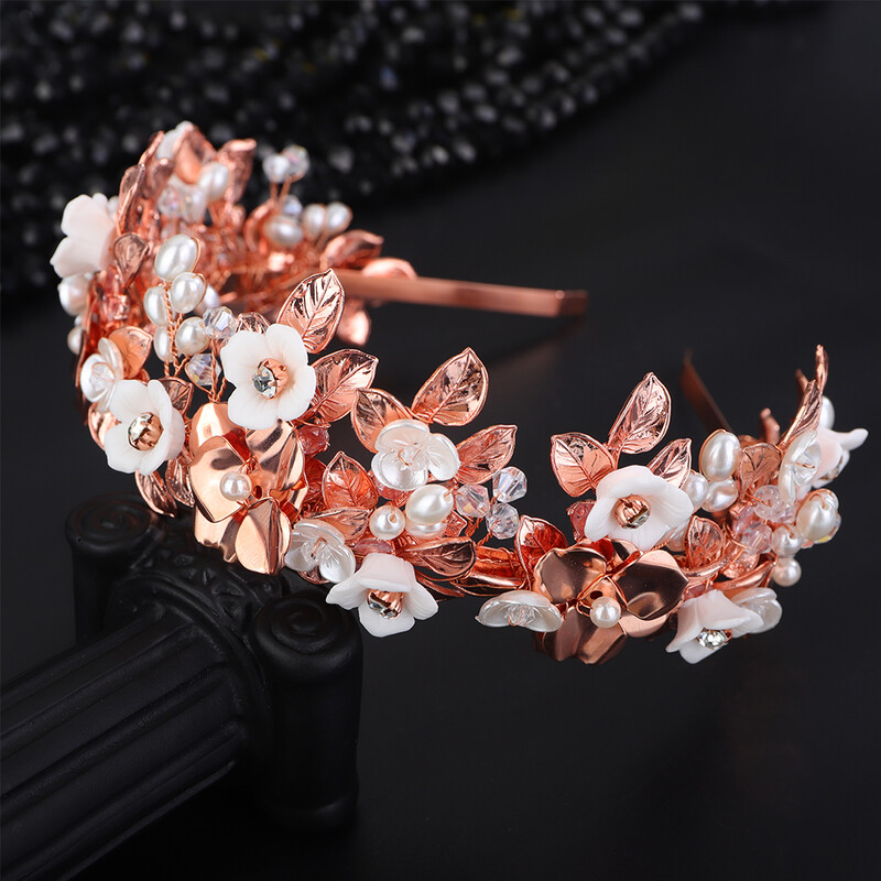 Flori și frunze de argint de lux Coroană de mireasă Bandă cu strasuri Accesorii pentru păr de nuntă Bijuterii de aur Perla pentru petrecere Tiara