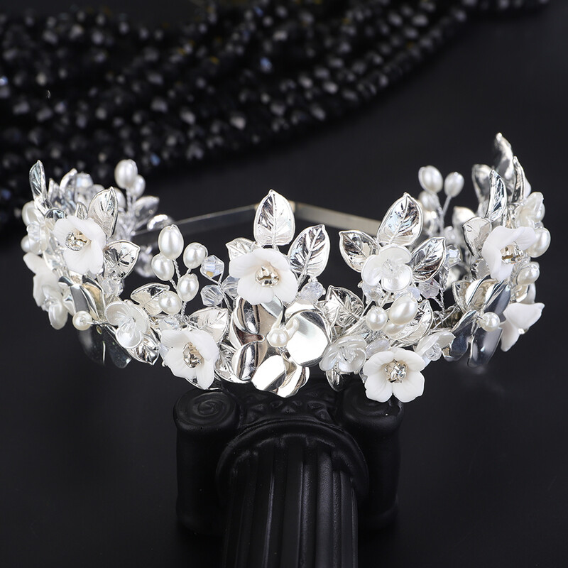 Flori și frunze de argint de lux Coroană de mireasă Bandă cu strasuri Accesorii pentru păr de nuntă Bijuterii de aur Perla pentru petrecere Tiara