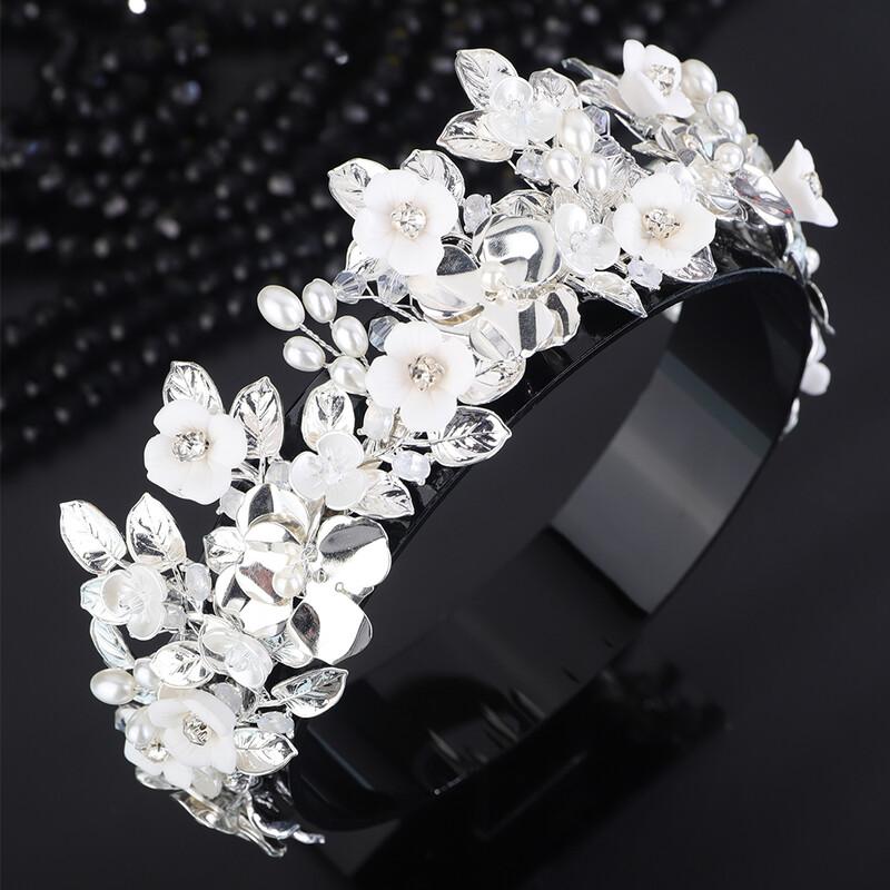 Flori și frunze de argint de lux Coroană de mireasă Bandă cu strasuri Accesorii pentru păr de nuntă Bijuterii de aur Perla pentru petrecere Tiara