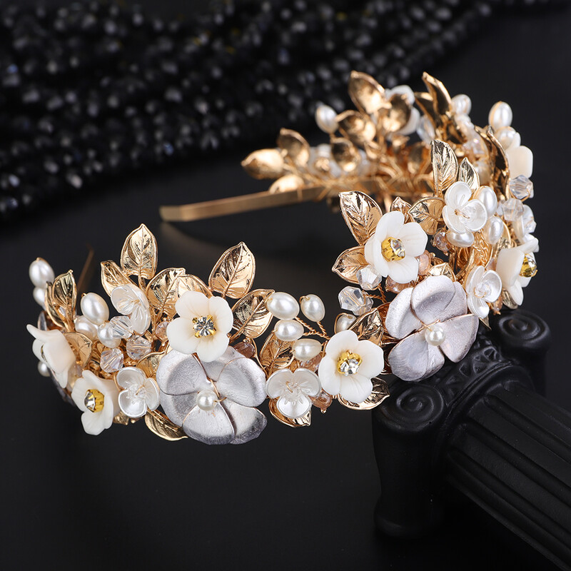 Flori și frunze de argint de lux Coroană de mireasă Bandă cu strasuri Accesorii pentru păr de nuntă Bijuterii de aur Perla pentru petrecere Tiara