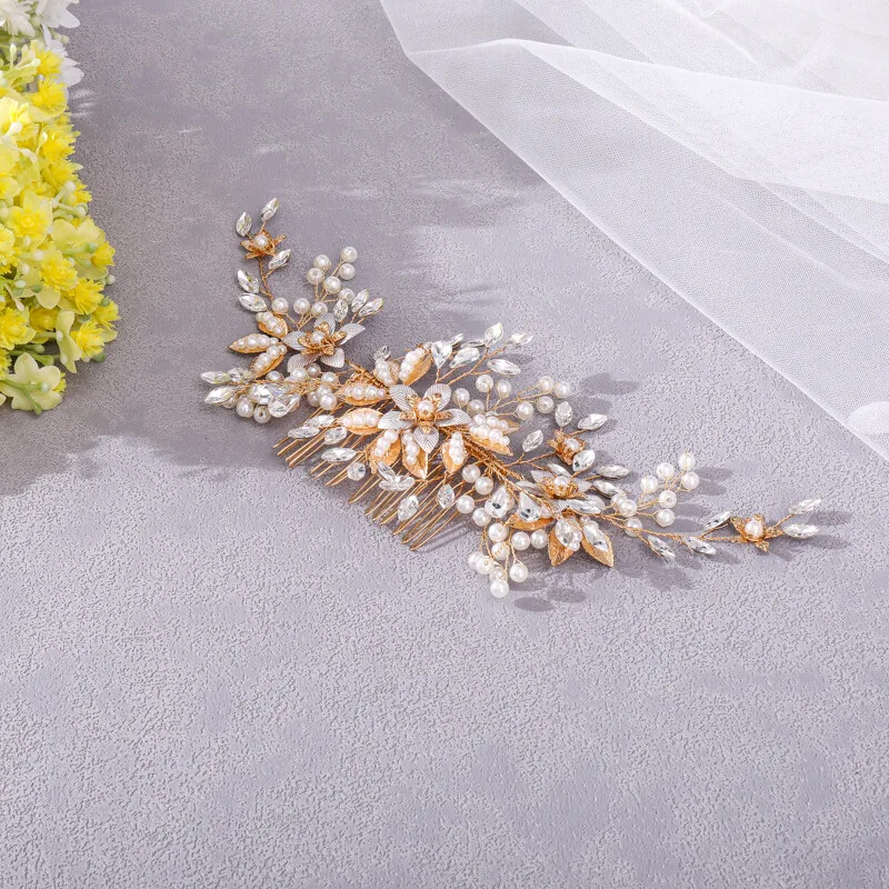 Szimulált gyöngyök divat virágok kézzel készített esküvői hajfésűk új arany kristály fejfedő menyasszonyi haj kiegészítők női ékszerek