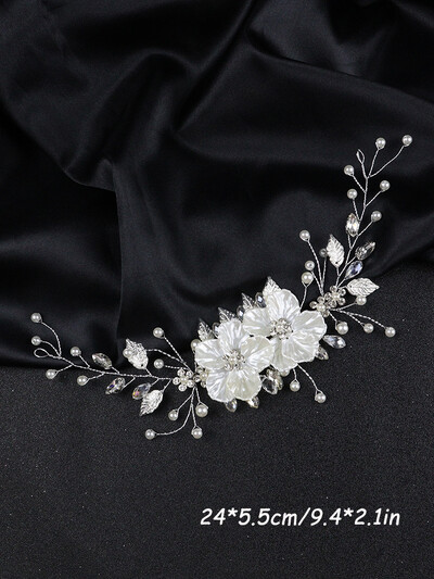 Balta ziedu līgavas galvassega Sudraba lapu kāzu galvassegas Pērles Rhinestone Kāzu galvassegas Sieviešu matu aksesuāri ballītei