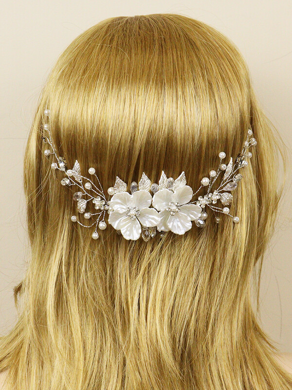 Balta ziedu līgavas galvassega Sudraba lapu kāzu galvassegas Pērles Rhinestone Kāzu galvassegas Sieviešu matu aksesuāri ballītei