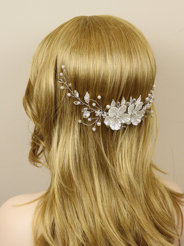 Balta ziedu līgavas galvassega Sudraba lapu kāzu galvassegas Pērles Rhinestone Kāzu galvassegas Sieviešu matu aksesuāri ballītei