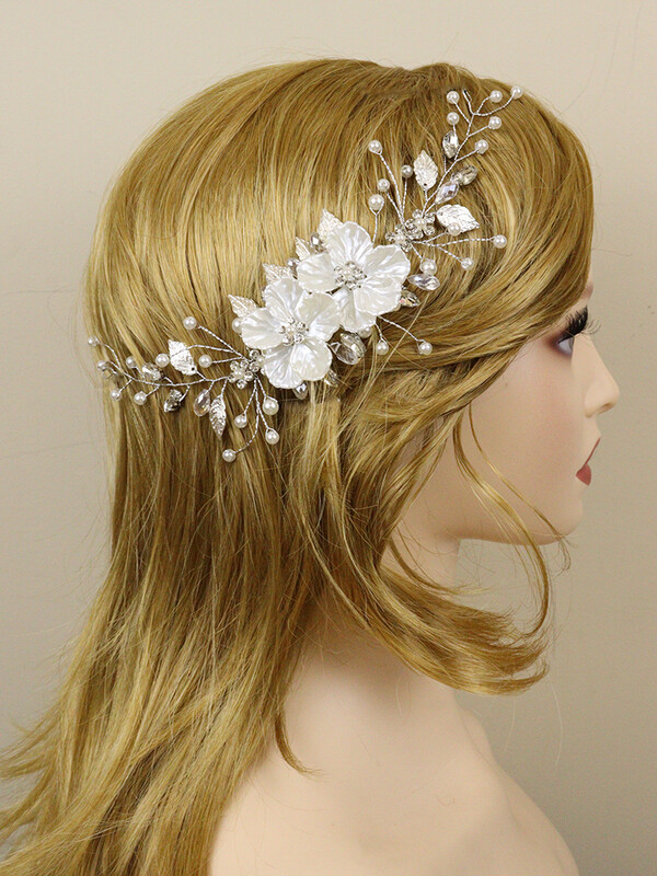 Balta ziedu līgavas galvassega Sudraba lapu kāzu galvassegas Pērles Rhinestone Kāzu galvassegas Sieviešu matu aksesuāri ballītei