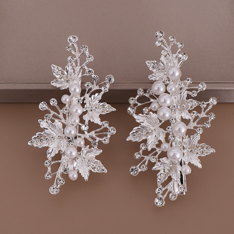 2 buc/set, lucrat manual, culoare argintie, perle, strasuri, frunze, agrafe pentru nunta, agrafe pentru cap de mireasa, accesorii pentru par, agrafe de par