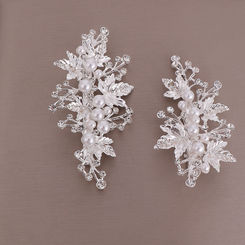 2 buc/set, lucrat manual, culoare argintie, perle, strasuri, frunze, agrafe pentru nunta, agrafe pentru cap de mireasa, accesorii pentru par, agrafe de par