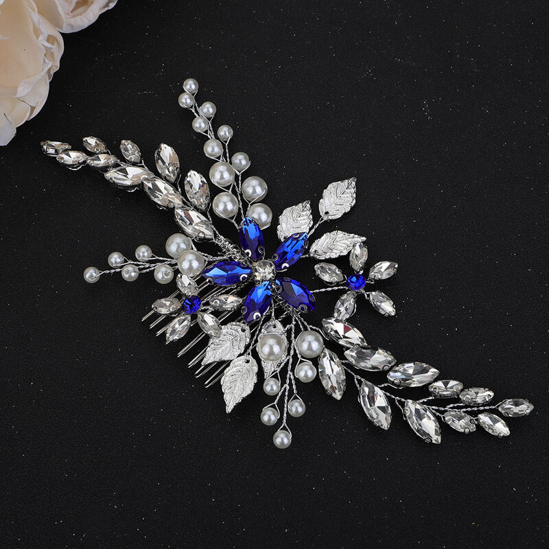 Pieptene de păr pentru mireasă, lucrat manual, argint, modă, strass, cristal, accesorii pentru păr de nuntă, albastru, pentru femei, pentru petrecere, bijuterii, tiare