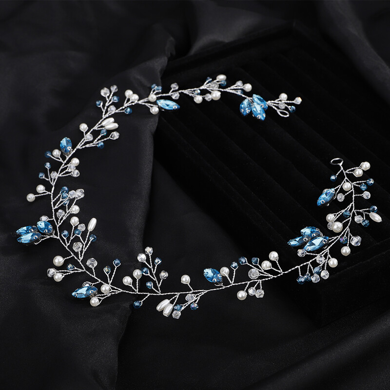 Mėlynas Kalnų krištolas vestuvių galvos apdangalas Moteriškas perlas rankų darbo nuotakos plaukų aksesuarai Madingi krištoliniai nuotakos plaukų papuošalai Tiara