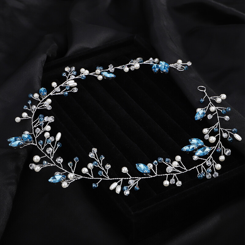 Mėlynas Kalnų krištolas vestuvių galvos apdangalas Moteriškas perlas rankų darbo nuotakos plaukų aksesuarai Madingi krištoliniai nuotakos plaukų papuošalai Tiara