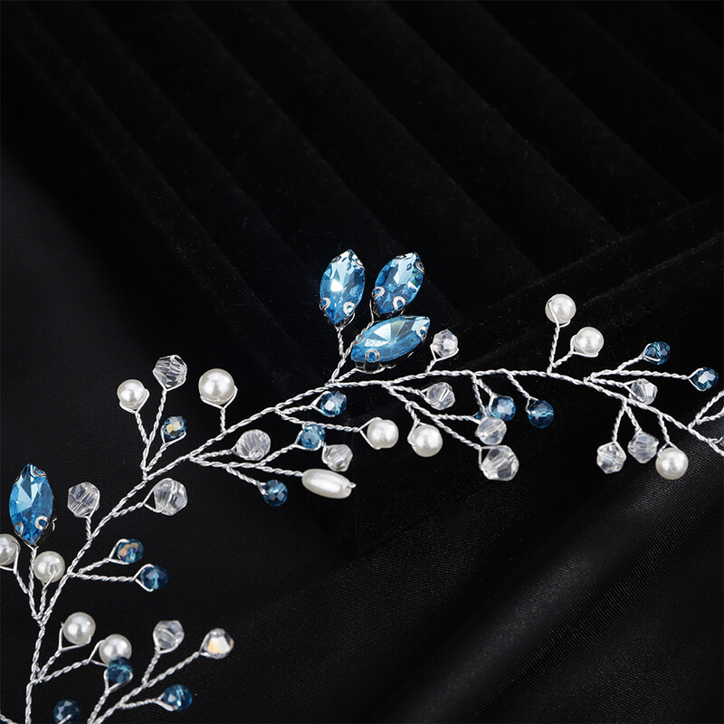Mėlynas Kalnų krištolas vestuvių galvos apdangalas Moteriškas perlas rankų darbo nuotakos plaukų aksesuarai Madingi krištoliniai nuotakos plaukų papuošalai Tiara