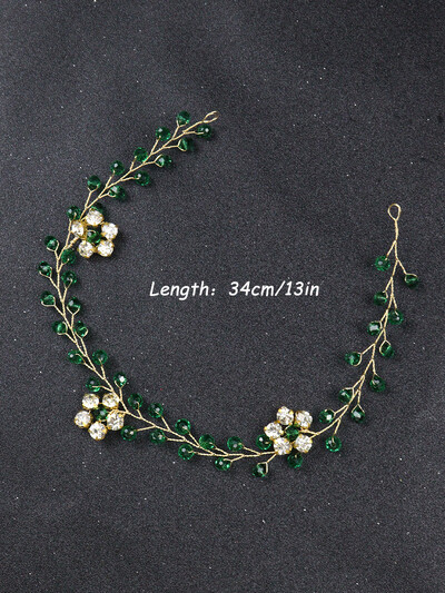 Bijuterii de păr florale aurii Accesorii de păr de cristal etnic verde Bentite strălucitoare cu strasuri Fascinatoare de nuntă