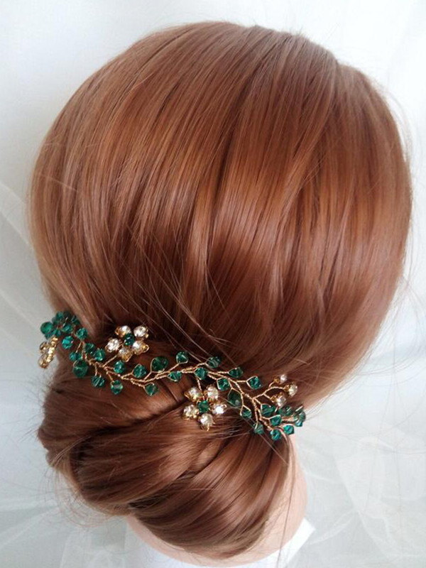Bijuterii de păr florale aurii Accesorii de păr de cristal etnic verde Bentite strălucitoare cu strasuri Fascinatoare de nuntă