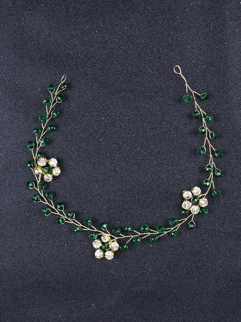 Bijuterii de păr florale aurii Accesorii de păr de cristal etnic verde Bentite strălucitoare cu strasuri Fascinatoare de nuntă
