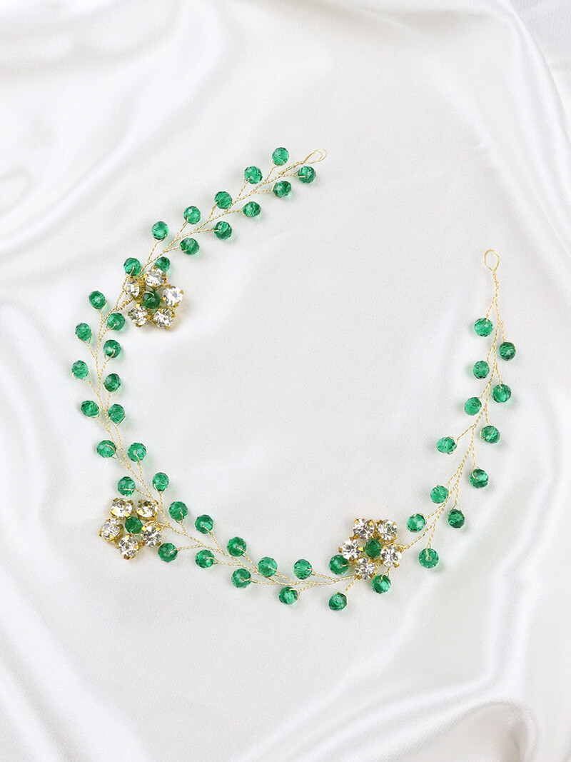 Bijuterii de păr florale aurii Accesorii de păr de cristal etnic verde Bentite strălucitoare cu strasuri Fascinatoare de nuntă