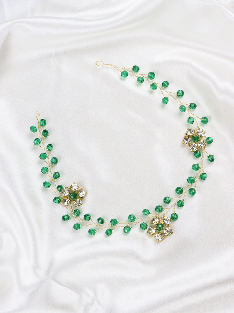 Bijuterii de păr florale aurii Accesorii de păr de cristal etnic verde Bentite strălucitoare cu strasuri Fascinatoare de nuntă