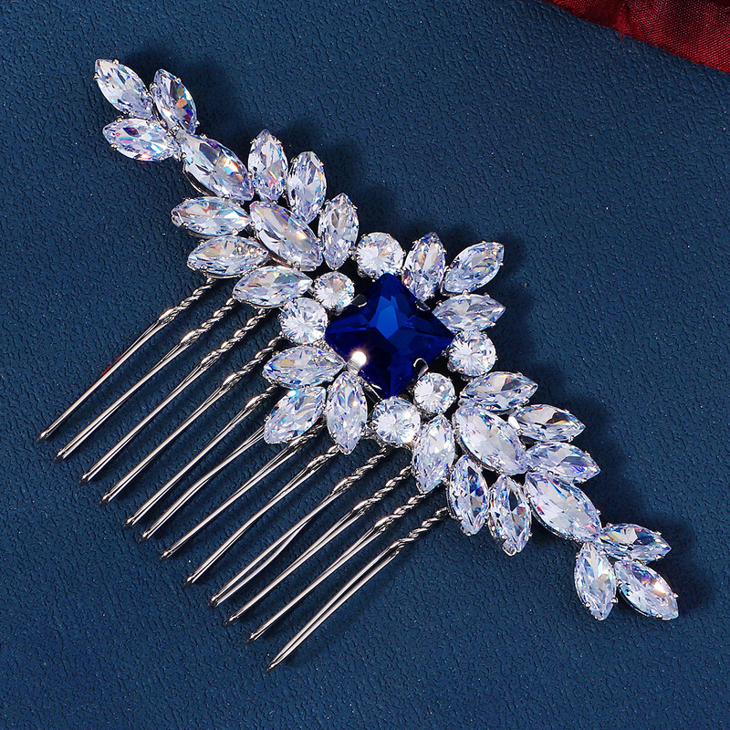 Grezna sudraba roku darbs līgavas matu ķemme zila dārgakmens kristāla iestatīšana kāzu kāzu ieliktņi ķemmes galvassegas rotaslietas